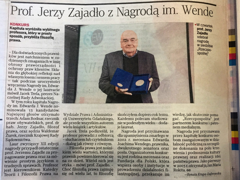 Prof. Jerzy Zajadło z Nagrodą im. Wende