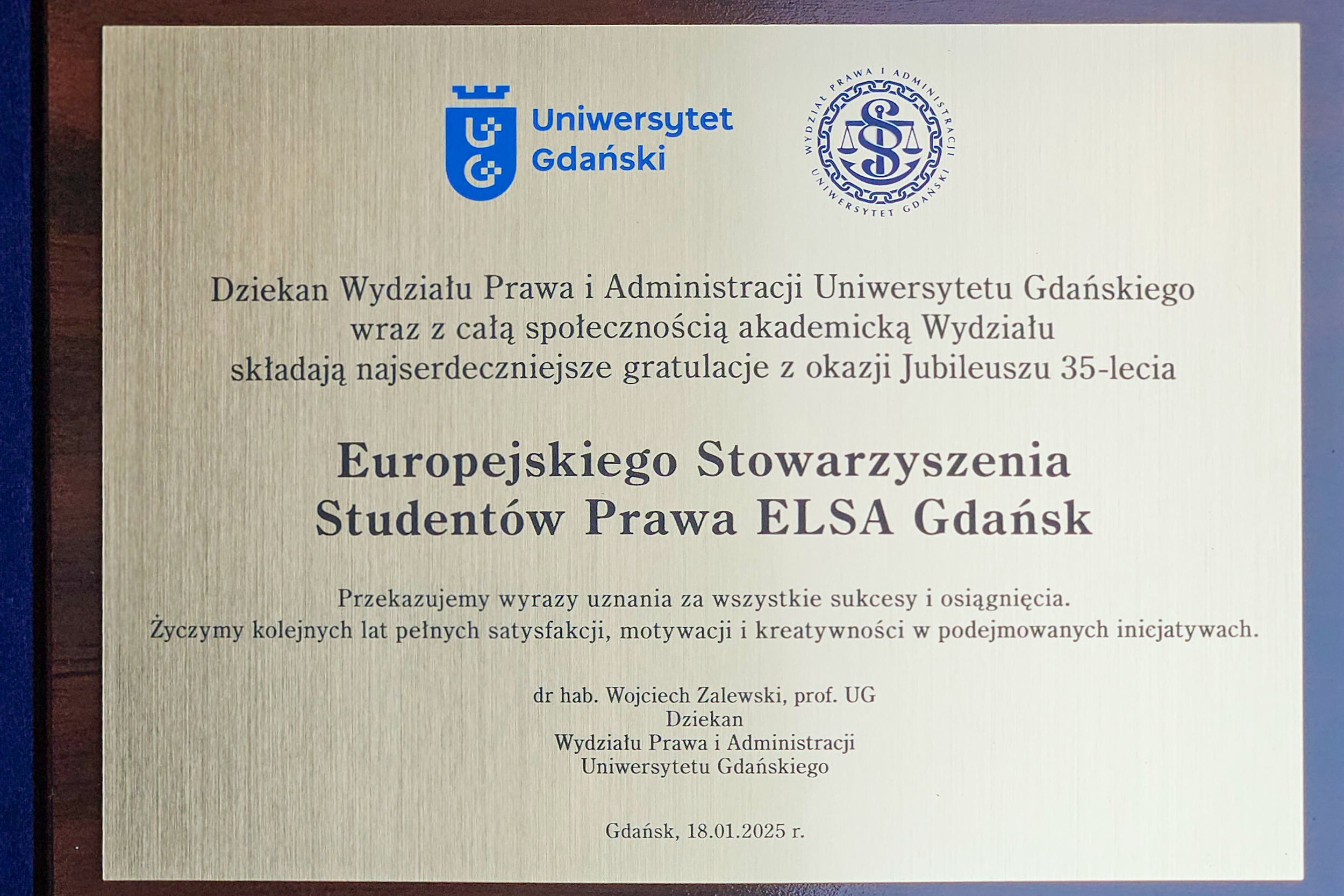 35-lecie ELSA Gdańsk. Przekazanie tablicy gratulacyjnej