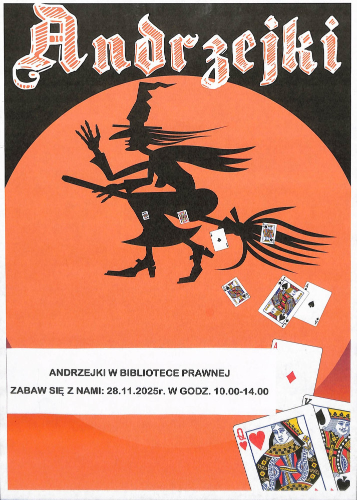 Czarownica na miotle na tle zachodzącego słońca. Nad nią napis Andrzejki. Poniżej opisane szczegóły wydarzenia