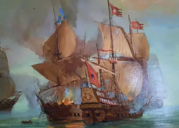 obraz przedstawiajacy walczące okręty